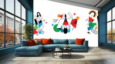 Hand drawn vector illustration of people in different poses and various geometric shapes. Outline characters, colorful abstract figures Wall mural