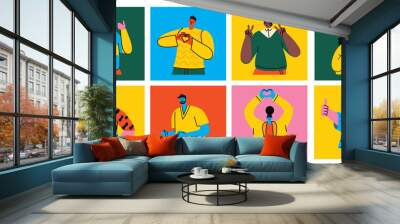 Happy positive people. Man and woman team gesturing with hands, fingers. Love, support, solidarity, ok expressions. Flat graphic vector illustration isolated on white background Wall mural