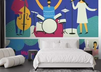 Jazz music festival poster in flat design with musicians playing music instruments Wall mural