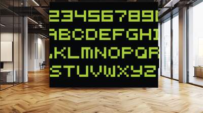 Pixel game font. Arcade alphabet symbols, retro console text elements, 80s type letters. Vector computer and video game comic letter set. Illustration of game alphabet pixel Wall mural