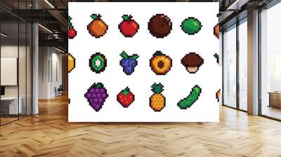 Retro pixel art food isolated icons with 8bit pixel fruits and vegetables. Vintage 8 bit console game asset, computer arcade vector items set with berries and exotic fruits Wall mural