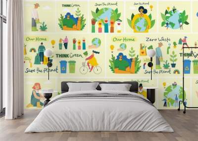 Set of eco save environment pictures. People taking care of planet collage. Zero waste, think green, save the planet, our home hand written text in flat design Wall mural