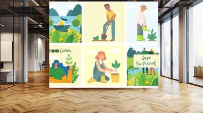 Set of eco save environment pictures. People taking care of planet collage. Zero waste, think green, save the planet, our home hand written text in the flat design Wall mural