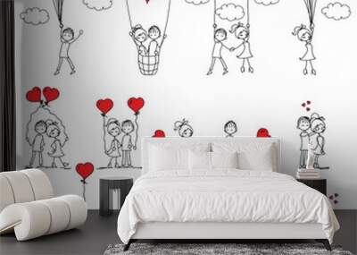 Valentine doodle boy and girl in love. Vector line illustration Wall mural