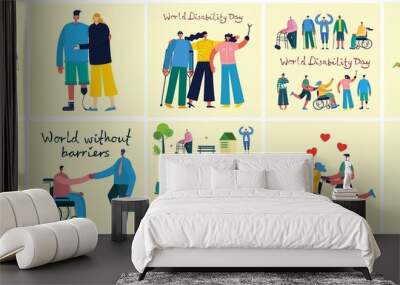 Vector backgrounds with disabled people, young invalid persons and men and women helping. World without barriers. Flat cartoon characters. Wall mural