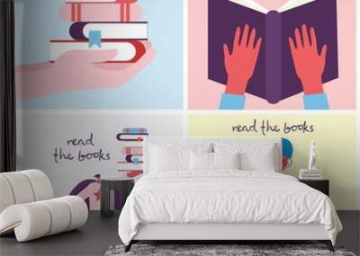 Vector concept illustrations of World Book Day, Reading the books and Book festival in the flat style. People sit, stand and walk and read a book Wall mural