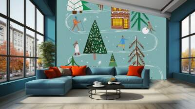 Vector hand drawing trendy abstract illustration of holiday cards f Merry Christmas and Happy New Year 2022 with christmas tree, winter forest, people and lettering. Wall mural