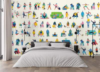 Vector illustration background in flat design of group people doing different activity Wall mural