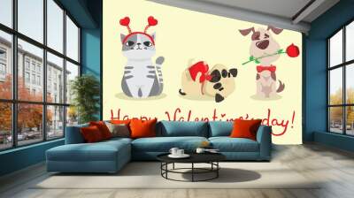 Vector illustration card with cute cartoon little Valentine cats and dogs puppies in love and funny greeting text Happy Valentine's Day Wall mural