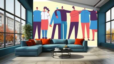 Vector illustration of Happy men and women holding hands together in the flat style. Concept illustration with colored characters. Stronger together Wall mural