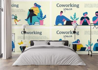 Vector illustration young adult group people meeting, working and talking co working center. Team teamwork togetherness collaboration Wall mural