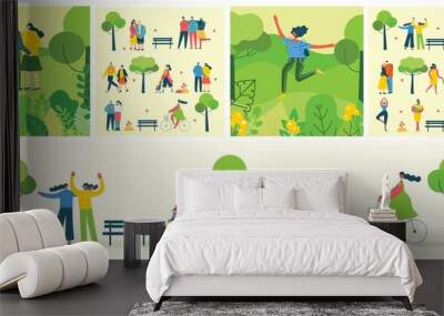 Vector Nature ECO background with different people, couple doing activities, walking and have a rest outdoor, in the forest and park in the flat style Wall mural