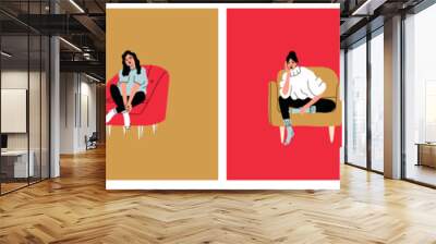 Young fashion women or girls sitting on the arm chair or sofa at home. Female character visiting friend, relaxing after work, models sitting in various poses. Cartoon hand drawn illustration Wall mural