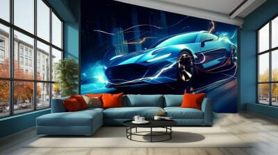 Blue racing car and lightning speeding line on the road at night generative ai Wall mural