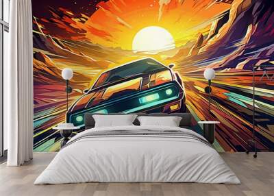 Modern car vintage style on the road background Wall mural