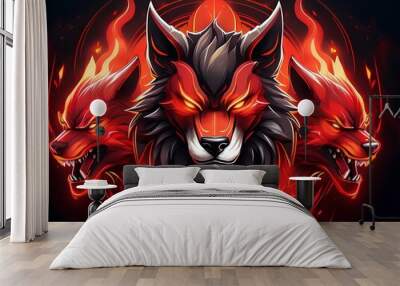 three heads of red wolf in creativity style illustration  Wall mural