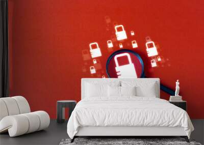 Security search uses a magnifying glass Security key System weaknesses and massive connection information and anti-hacker on a red background. Wall mural