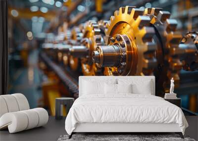 Close-up of precision machinery gears turning and cogs interlocking in a high-tech factory setting Wall mural