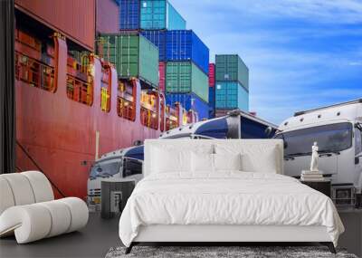 Transportation port shipyard import export concept, Container on the ship at port in the morning, Schedule ship into stock Wall mural