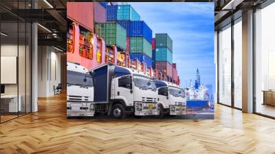 Transportation port shipyard import export concept, Container on the ship at port in the morning, Schedule ship into stock Wall mural