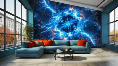 Abstract blue energy sphere with lightning strikes. Wall mural