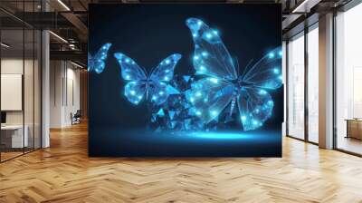 Beautiful glowing blue fractal butterflies abstract on black background. Business transformation innovation and disruption concept. Generative AI Wall mural