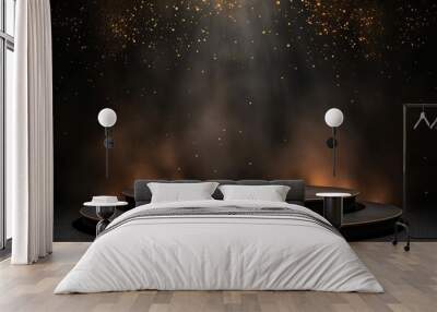 Black podium product stage with spotlight and golden glitter background. Wall mural