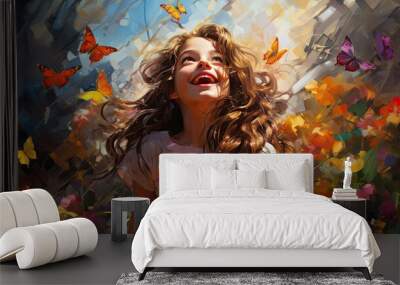 Child with fantasy flowers field garden and colorful butterflies background. Generative AI Wall mural