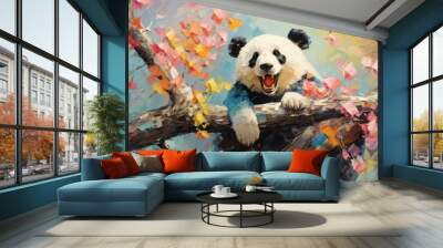 Chinese panda with fantasy forest colorful butterflies and flowers background. Generative AI Wall mural