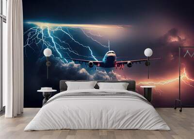 Commercial airplane hit by lightning thunder in bad weather storm background. Transportation and accident concept. Generative AI Wall mural