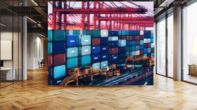 Container ship carrying container boxes import export dock with quay crane. Business commercial trade global cargo freight shipping logistic and transportation worldwide oversea concept. Generative AI Wall mural