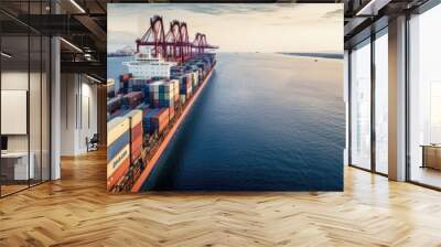 Container ship carrying container boxes import export dock with quay crane. Business commercial trade global cargo freight shipping logistic and transportation worldwide oversea concept. Generative AI Wall mural