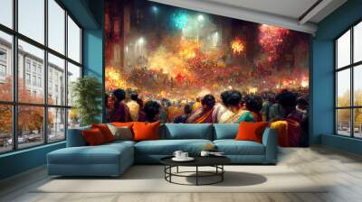 Crowd of people in Diwali festival with colorful fireworks background Wall mural