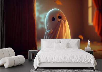 Cute spooky fabric ghost doing hide and seek in Halloween party background. Funny character art concept. and Generative AI Wall mural