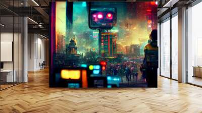 Cyberpunk smart city with futuristic robot and colorful lights background Wall mural