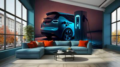 EV car with Electric charging station charger and blue glowing light stripe. Technology and transportation concept. Generative AI Wall mural