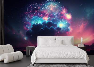 Fireworks festival in New year celebration event with city and ocean river or sea background. Generative AI Wall mural