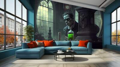 Frankenstein in an old abandoned castle. Halloween day and spooky horror concept. Generative AI Wall mural