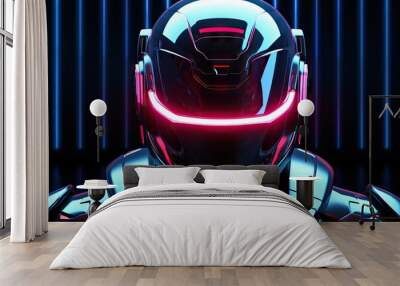 Futuristics robot cyborg with neon cyberpunk light helmet. Blue pink and purple colorful tone. Wall mural