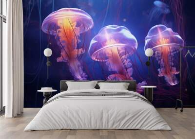 Glowing jelly fish in aquarium background. Wall mural