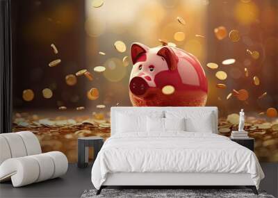 Gold piggy bank with coins background. Wall mural