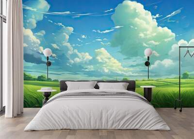 Green field with wildflowers and blue sky landscape background. Generative AI Wall mural