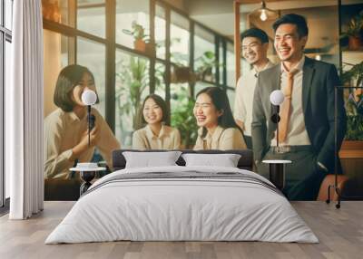 Group of Asian businesspeople meeting in the cafe background. Row of business persons partnership taking a photograph in the modern office. Wall mural