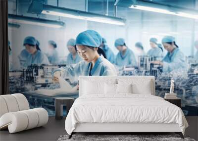 Group of Asian female workers in a mass production line and QC quality control check in at the electronics factory background. Wall mural