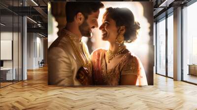 Handsome bearded Indian groom kissing bride in wedding dress on wedding ceremony with bokeh light and sunlight background. Wall mural