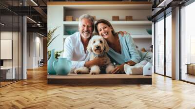 Happy senior couple in casual clothing smiling and taking care of the dogs at home background. Bonding togetherness in the residence or house concept. Wall mural