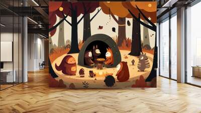 Herds of various kinds of animals gathering in the woods and forest. along with a wooden house as a place to live. Fairytale kids baby or children book illustration style character. Generative AI Wall mural