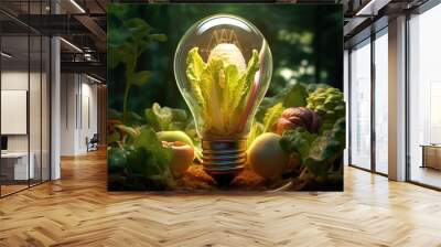 Light bulb with full of fruits and vegetable in the dark background. Wall mural