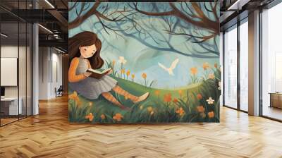 Little girl in the big forest or grass meadow adventures reading book in fairy tales. Cartoon drawing in the park garden. Kids baby children book and lullaby story illustration graphic. Generative AI Wall mural