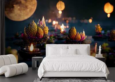 Loy Krathong festival with colorful candles light and full moon in Thailand background. Floating ritual banana leaves vessel or lamp and lotus flower into the water traditional. Wall mural